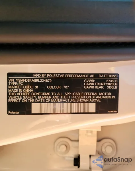 2024 Polestar 2 из США, поврежденный, VIN YSMFD3KA8RL224879